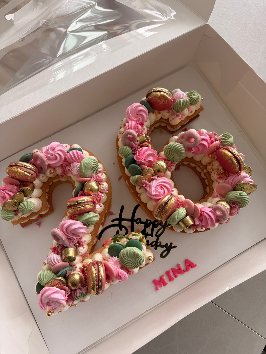 Custom number 26 birthday Dream Tart with pink and green meringues and gold macarons